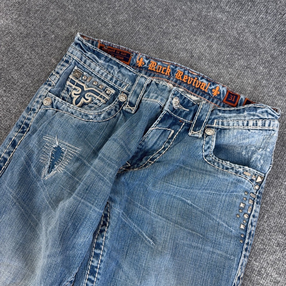 Rock Revival Jeans Men 31x32 Paul Boot Cut Bootleg Flap Pocket Distressed Studs - Picture 5 of 13